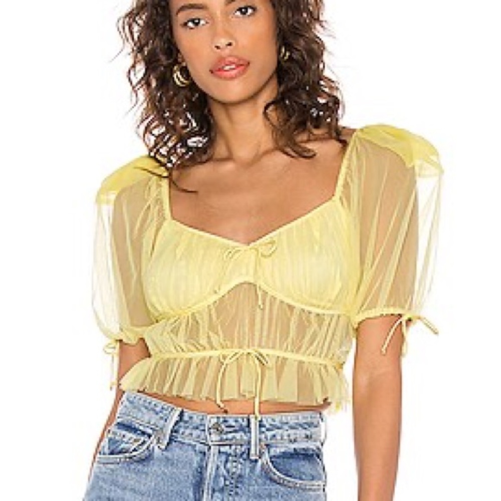 For Love And Lemons Yellow Puff Sleeve Crop Blouse